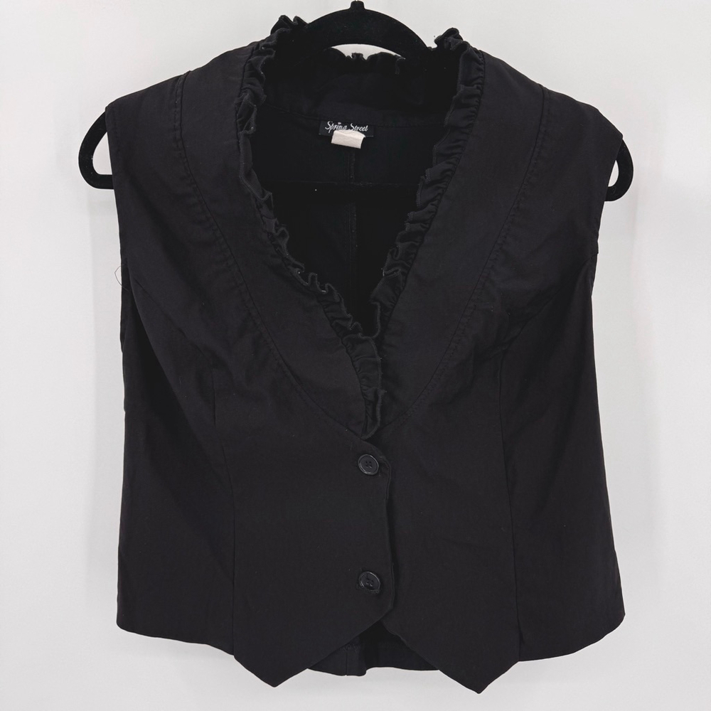 Vintage Black Ruffle Trim Vest Peplum Tie Waistcoat Length Vintage Made in USA
